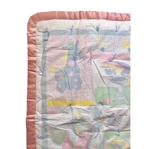 Handmade Baby Blanket Quilt Pastel Nursery Animals Pink Satin Binding 34 X 44